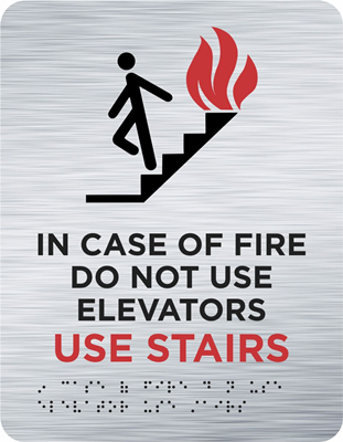 9in x 7in In Case Of Fire Use Stairs Brushed Silver Raised Text with Braille