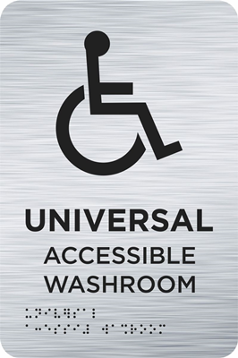 9in x 6in Universal Accessible Washroom Brushed Silver Raised Text with Braille